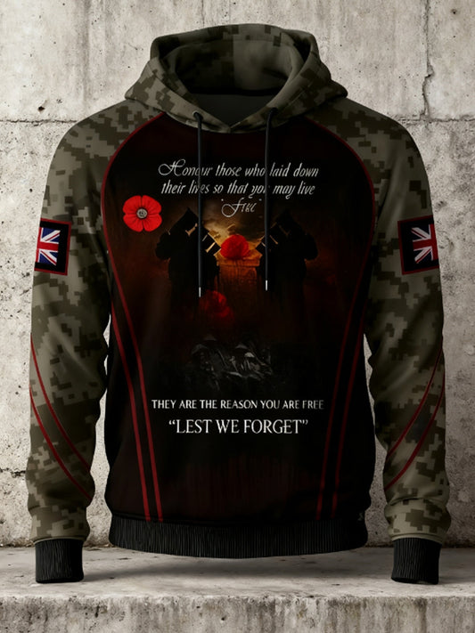 Men's 11th November Remembrance Day LEST WE'S FORGET Poppy Remembrance Hoodie