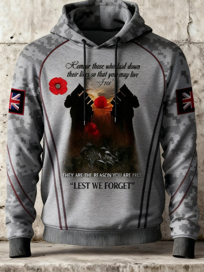 Men's 11th November Remembrance Day LEST WE'S FORGET Poppy Remembrance Hoodie