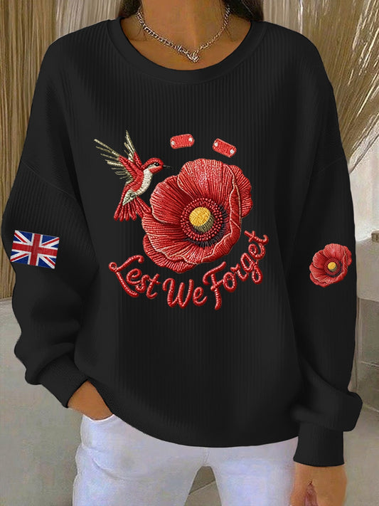 Women's 11th November Remembrance Day LEST WE'S FORGET Poppy Remembrance Ribbed Round-Neck Sweatshirt