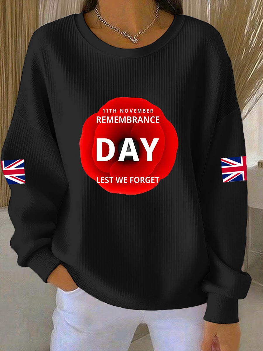 Women's 11th November Remembrance Day LEST WE'S FORGET Poppy Remembrance Ribbed Round-Neck Sweatshirt