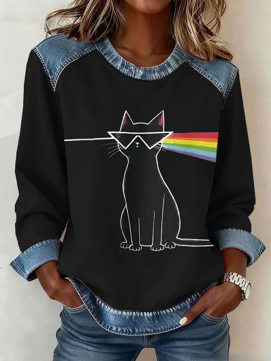 Women's rock band lover Denim Patchwork Top