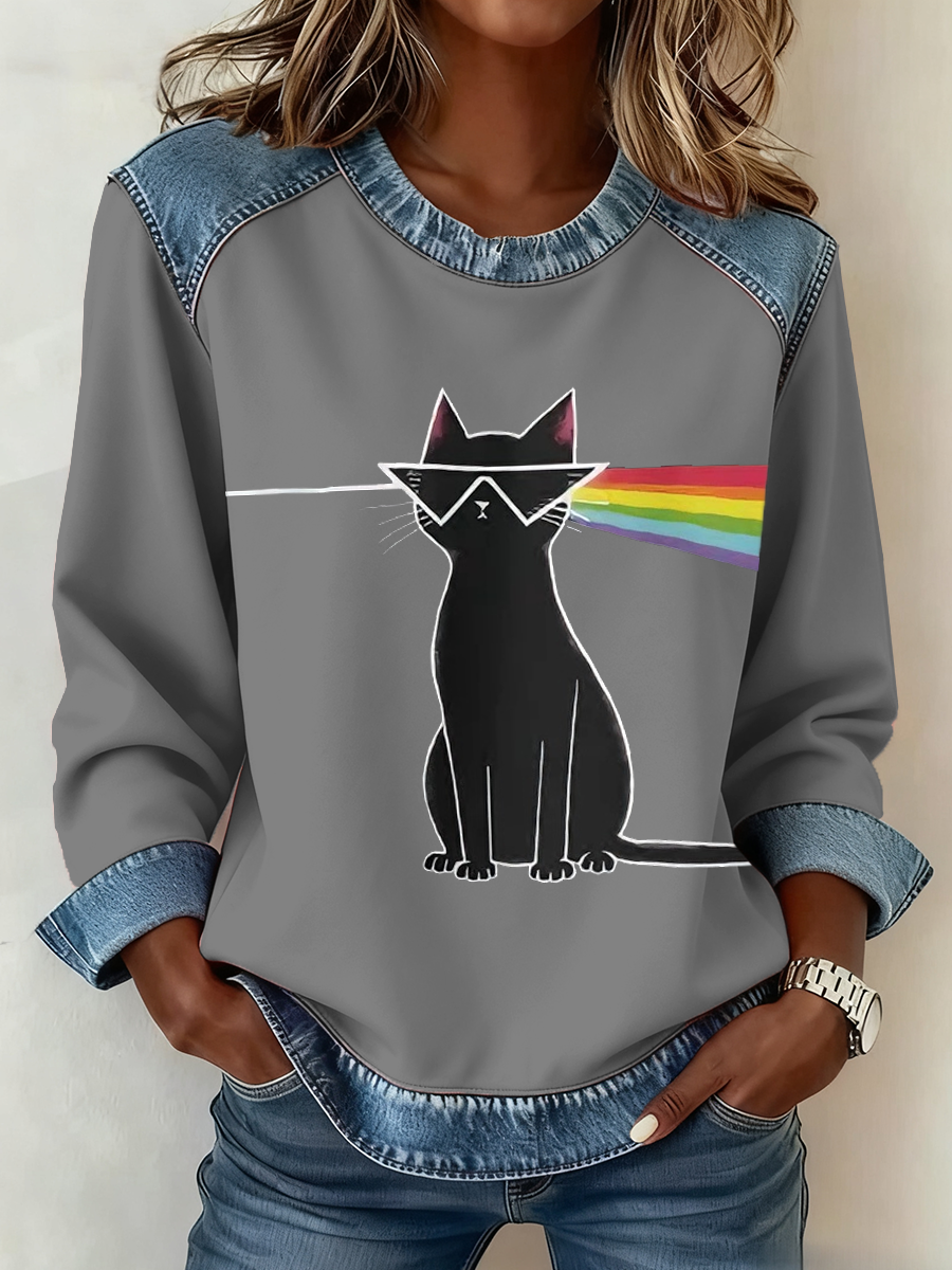 Women's rock band lover Denim Patchwork Top