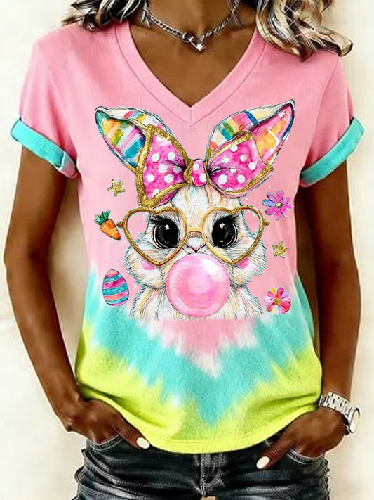 Women's Easter Cute Bunny Print Casual V-Neck Tee