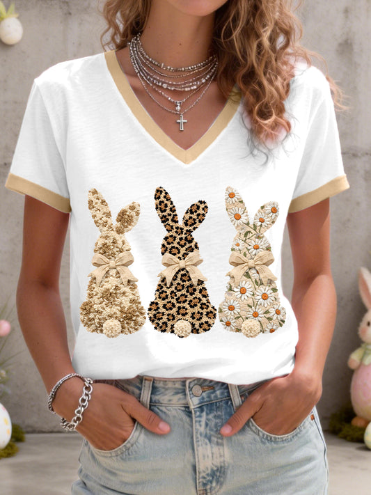 Women's Cute Bunny Pattern V-Neck T-Shirt