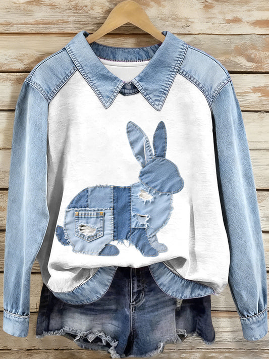 Women's Denim Patchwork Bunny Pattern Sweatshirt
