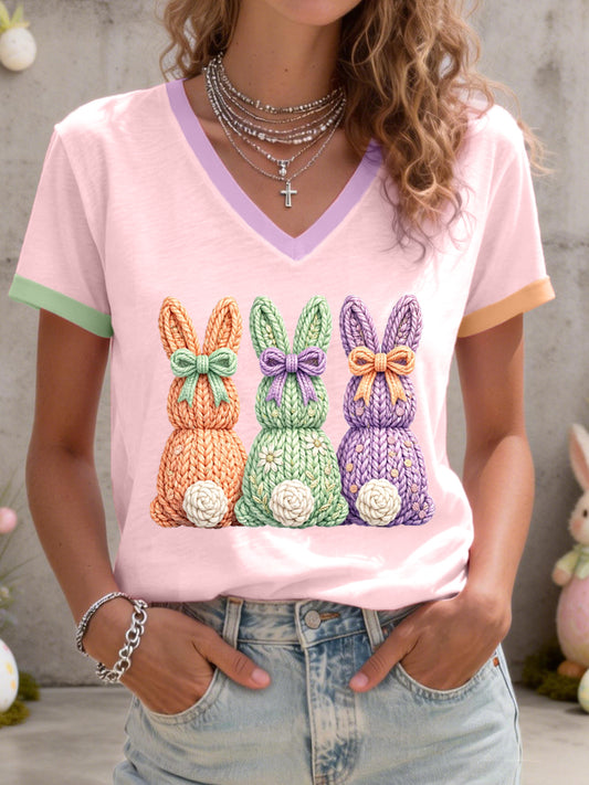 Women's Cute Bunny Pattern V-Neck T-Shirt