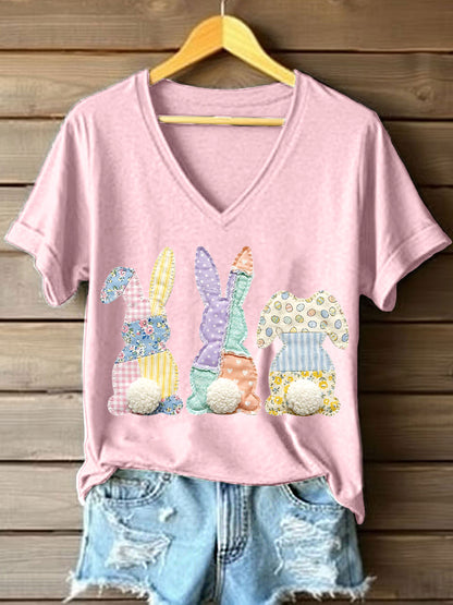 Women's Patchwork Art Bunny Pattern V-Neck T-Shirt