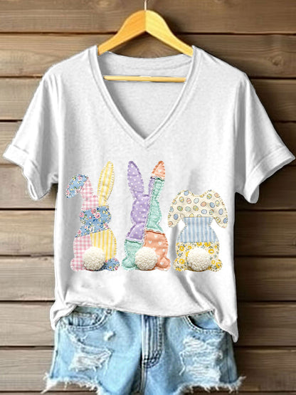 Women's Patchwork Art Bunny Pattern V-Neck T-Shirt
