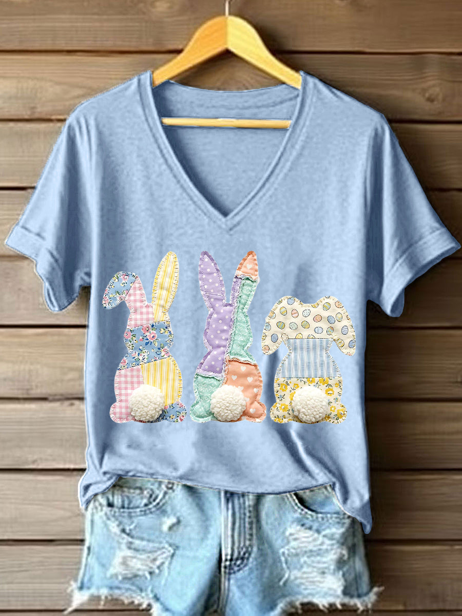 Women's Patchwork Art Bunny Pattern V-Neck T-Shirt