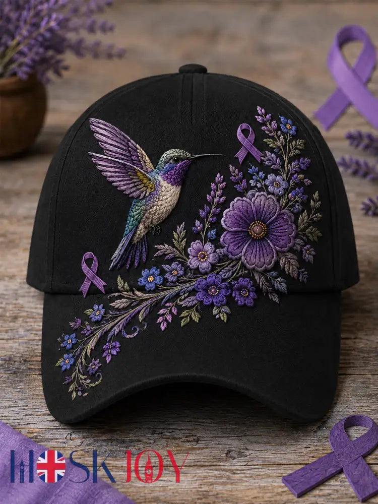 Unisex Purple Floral & Hummingbird Print Alzheimer’s Awareness Support Hat - Black / ONE