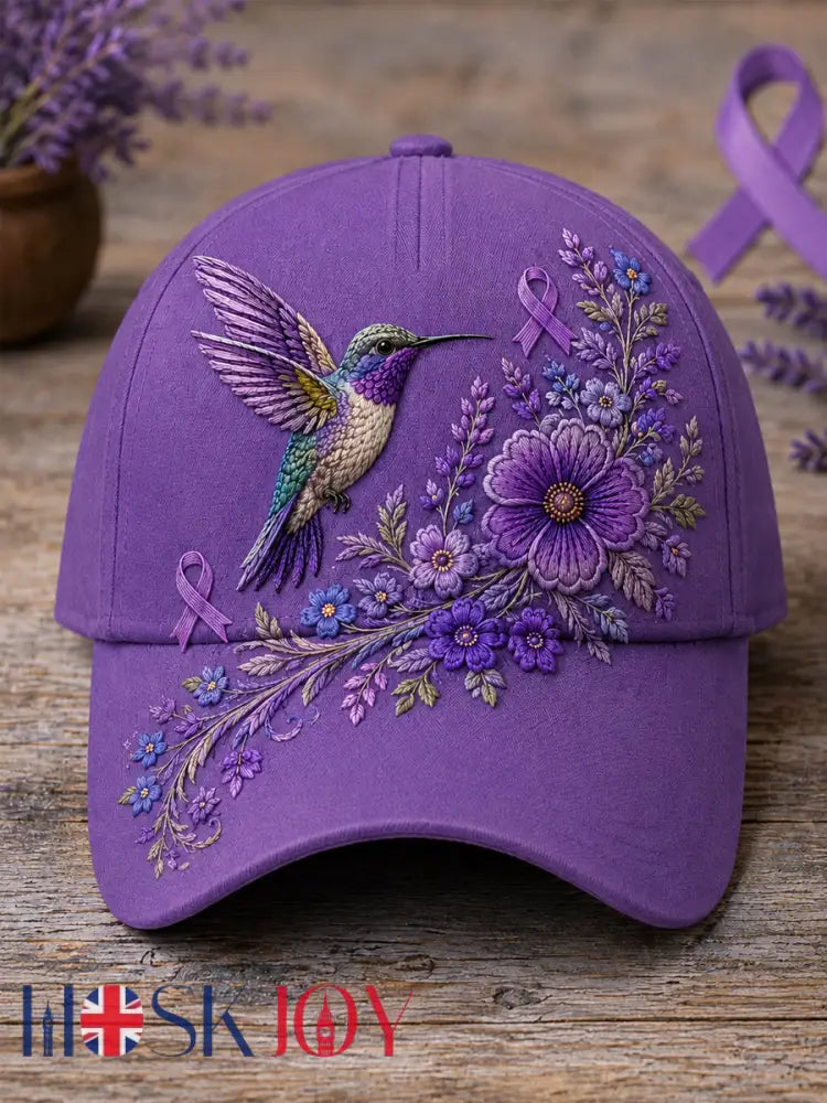 Unisex Purple Floral & Hummingbird Print Alzheimer’s Awareness Support Hat - Lavender / ONE