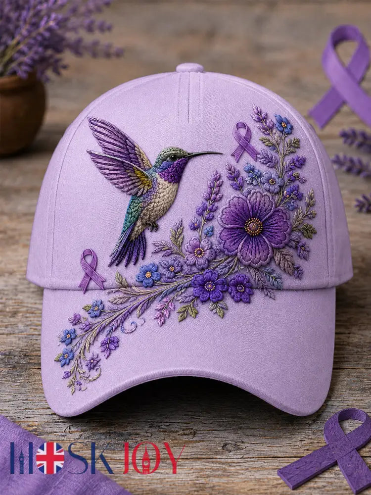 Unisex Purple Floral & Hummingbird Print Alzheimer’s Awareness Support Hat - Light Purple / ONE
