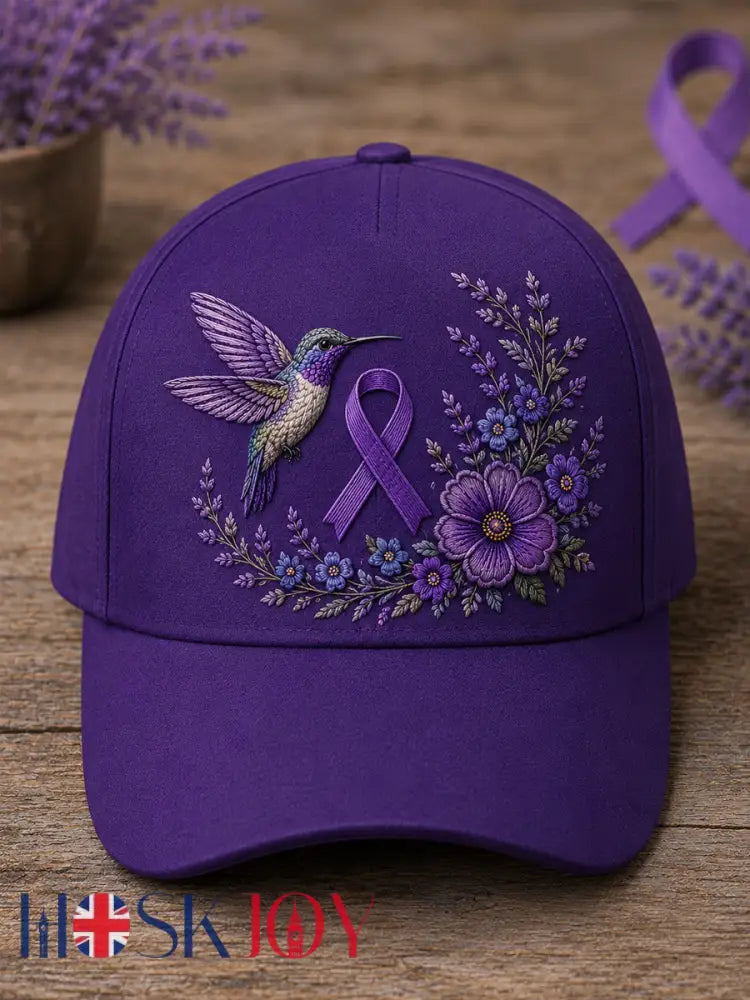 Unisex Purple Floral & Hummingbird Print Alzheimer’s Awareness Support Hat - Purple / ONE