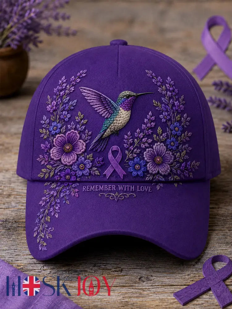 Unisex Purple Floral & Hummingbird Print Alzheimer’s Awareness Support Hat - Purple / ONE
