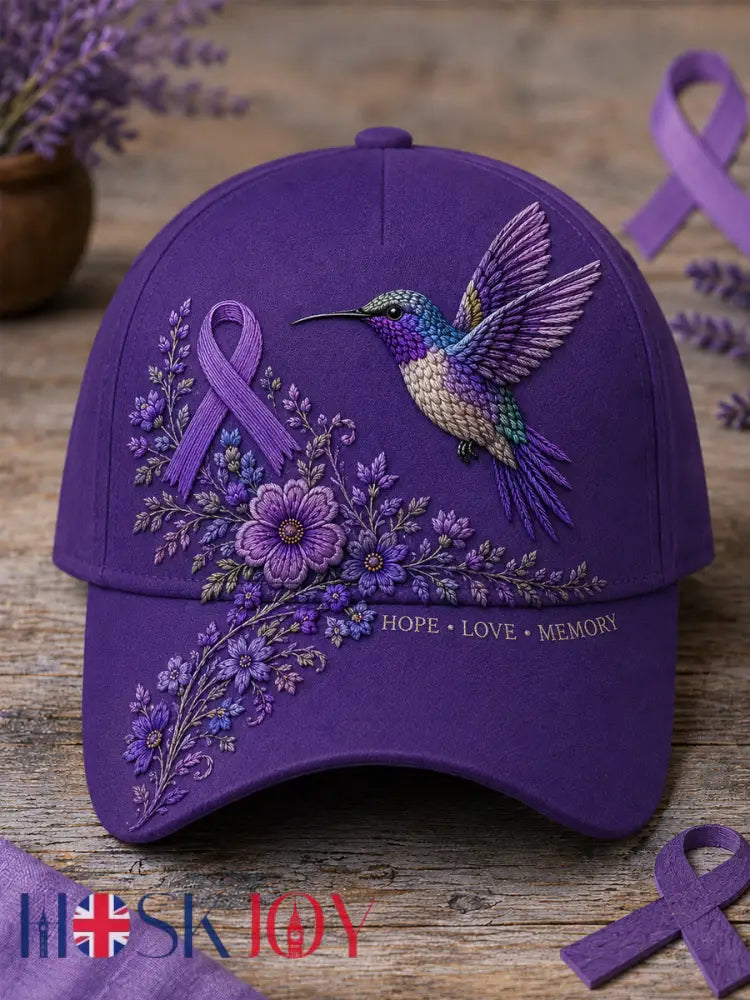Unisex Purple Floral & Hummingbird Print Alzheimer’s Awareness Support Hat - Purple / ONE