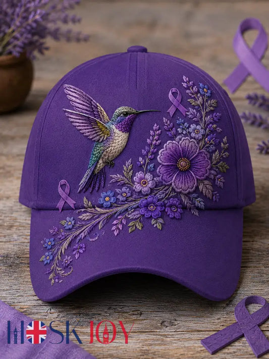 Unisex Purple Floral & Hummingbird Print Alzheimer’s Awareness Support Hat - Purple / ONE
