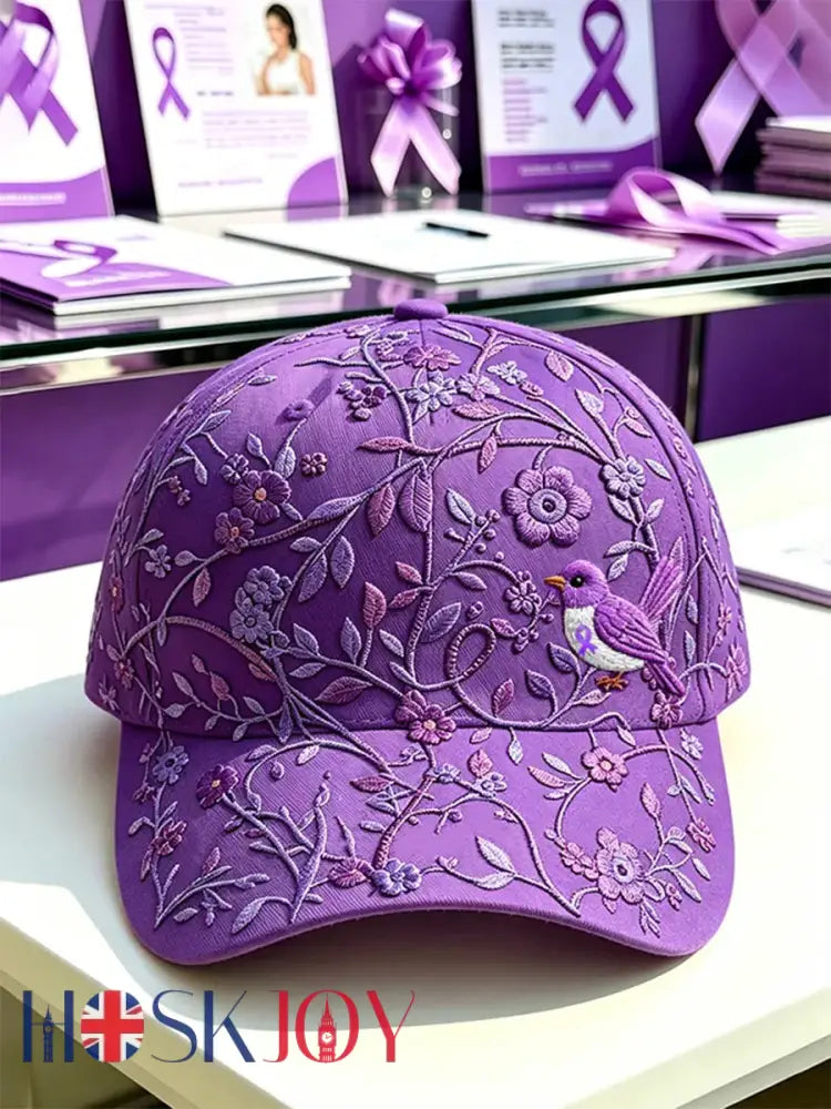 Unisex Purple Floral & Hummingbird Print Alzheimer’s Awareness Support Hat - Purple / ONE