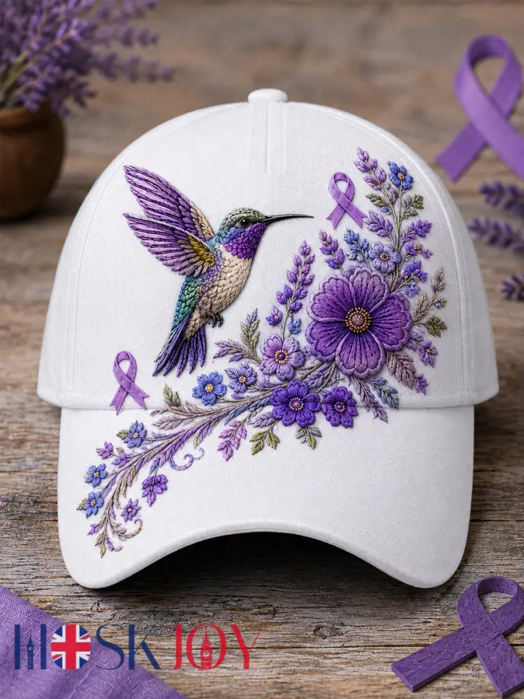 Unisex Purple Floral & Hummingbird Print Alzheimer’s Awareness Support Hat - White / ONE