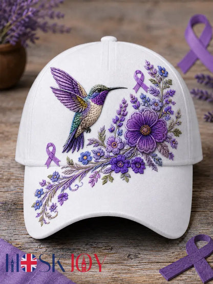 Unisex Purple Floral & Hummingbird Print Alzheimer’s Awareness Support Hat - White / ONE