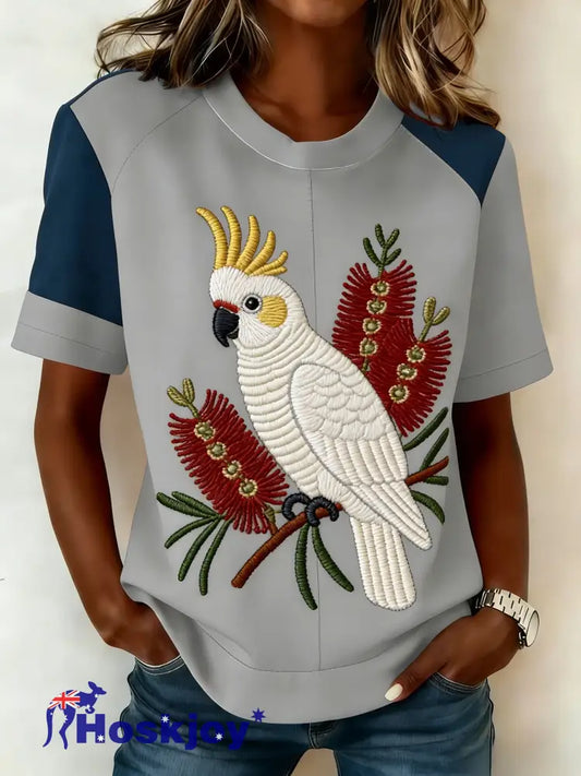 Vintage Aussie Cute Pink Cockatoo Print Casual T-Shirt Gray / S