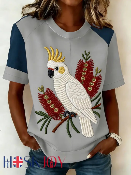 Vintage Aussie Cute Pink Cockatoo Print Casual T-Shirt Gray / S