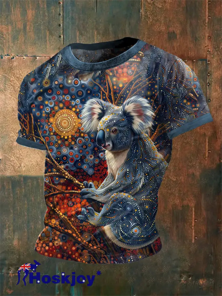 Vintage Australian Aboriginal Inspired Dot Art Koala Abstract Print Casual Cotton Short Sleeve T-Shirt As picture / S