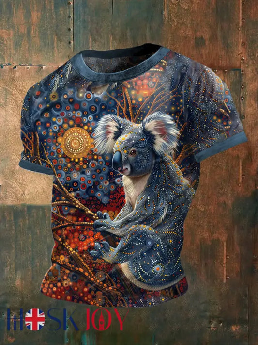 Vintage Australian Aboriginal Inspired Dot Art Koala Abstract Print Casual Cotton Short Sleeve T-Shirt As picture / S