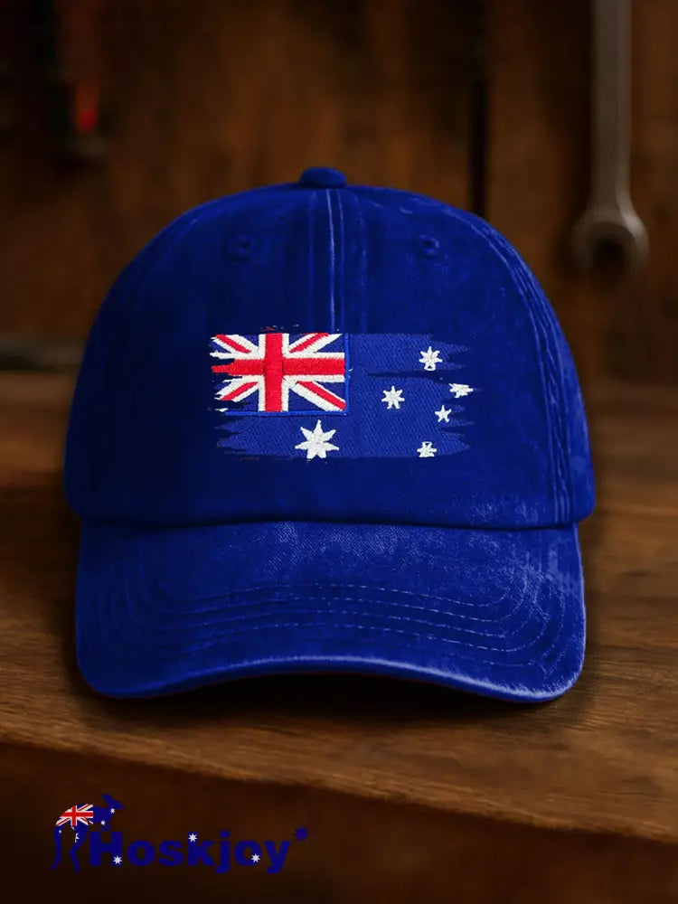 Vintage Australian Flag Badge Casual Print Washed Hat Navy Blue / ONE
