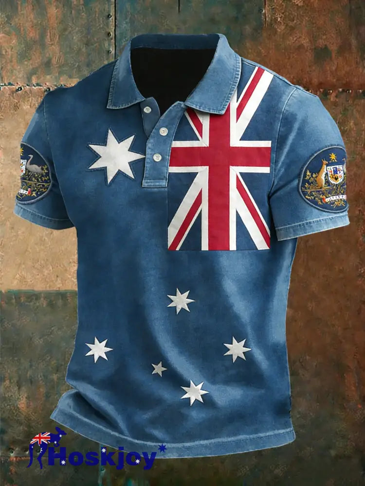 Vintage Australian Flag Badge Denim Art Print Casual Cotton Short Sleeve Polo Shirt Blue / S