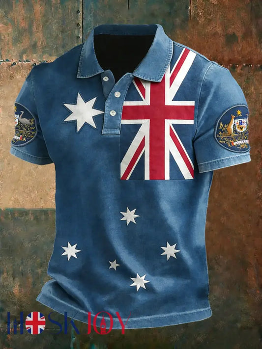 Vintage Australian Flag Badge Denim Art Print Casual Cotton Short Sleeve Polo Shirt Blue / S