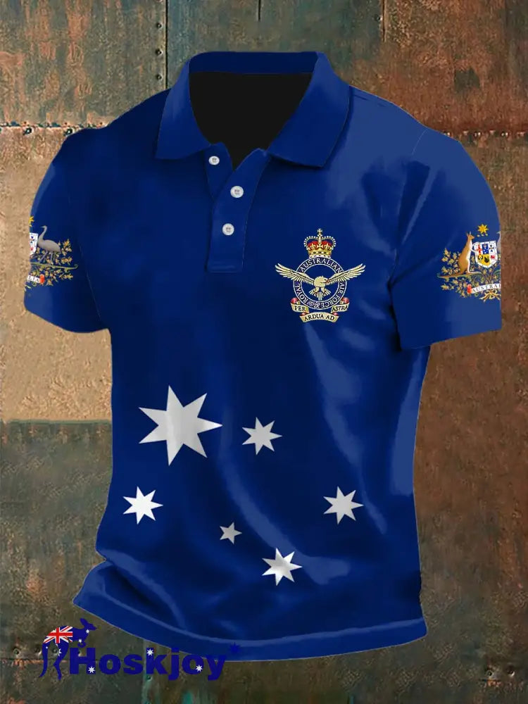 Vintage Australian Flag Badge Printed Casual Cotton Short Sleeve Polo Shirt Navy Blue / S
