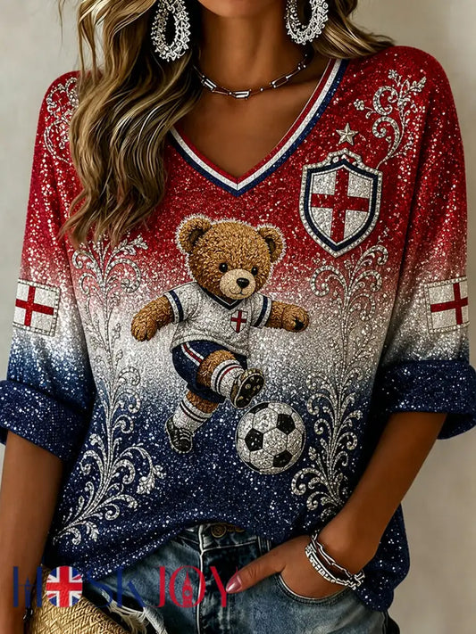 Vintage British Paddington Bear Soccer Art Print Casual Top - A / S