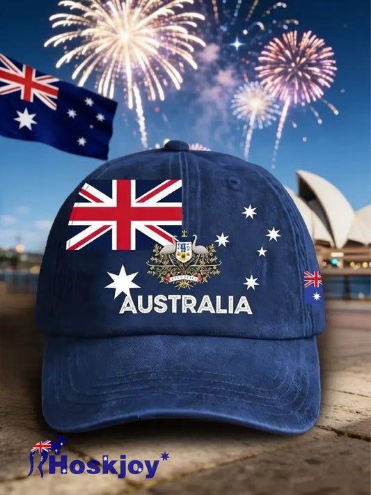 Vintage Happy Australia Day Flag Badge Casual Print Washed Hat Navy Blue / ONE
