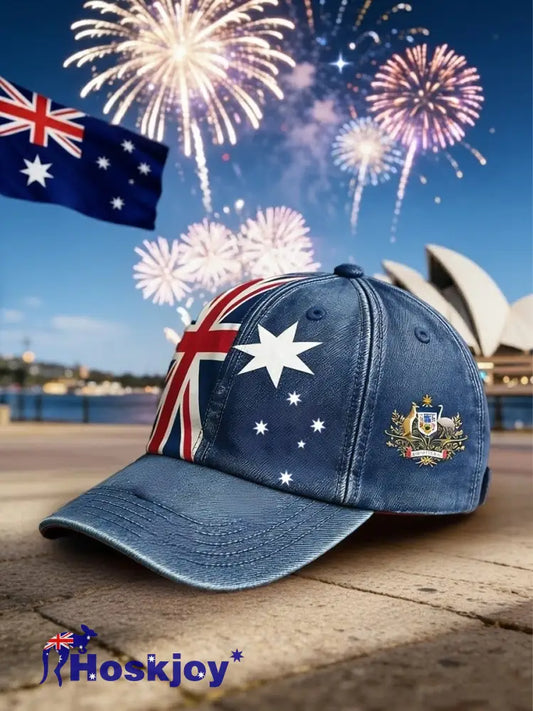 Vintage Happy Australia Day Flag Badge Casual Print Washed Hat Navy Blue / ONE