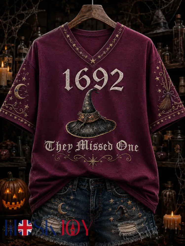 Women’s “1692 they messed one ” Printed V-neck T-shirt - As picture / S