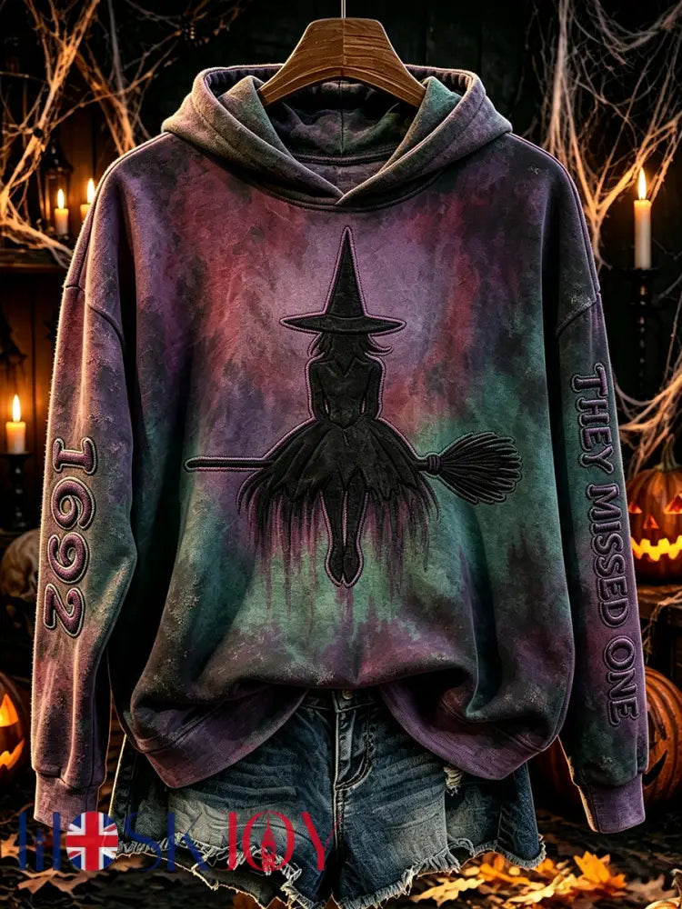 Women’s 1692 They Missed One Witch Print Vintage Hooded Sweatshirt - Black-Purple / S