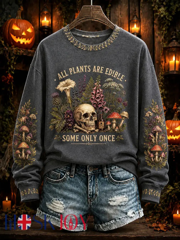 Women’s ’All Plants Are Edible Some Only Once’ Halloween Floral Print Casual Regular Sweatshirt - Dark Gray / S