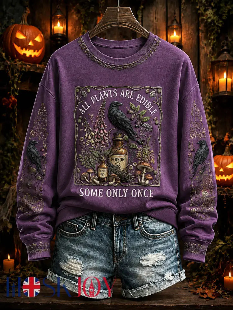 Women’s ’All Plants Are Edible Some Only Once’ Halloween Floral Print Casual Regular Sweatshirt - Purple / S