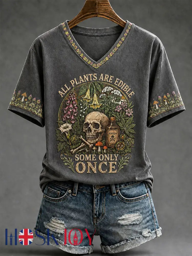 Women’s ’All Plants Are Edible Some Only Once’ Halloween Floral Print Casual T-shirt - Dark Gray / S