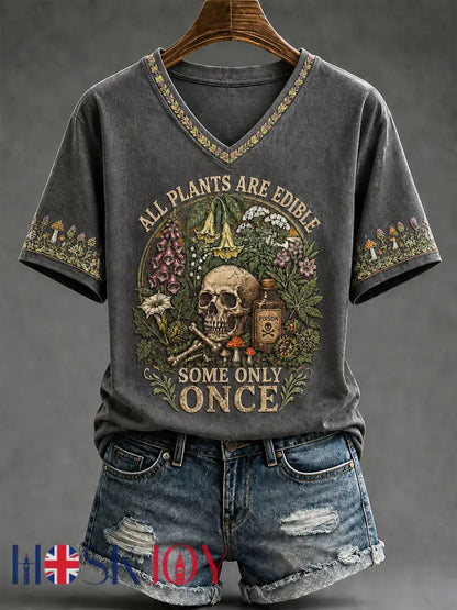 Women’s ’All Plants Are Edible Some Only Once’ Halloween Floral Print Casual T-shirt - Dark Gray / S