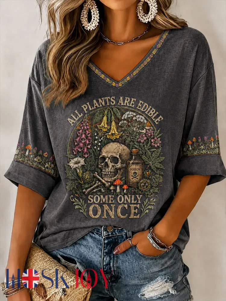 Women’s ’All Plants Are Edible Some Only Once’ Halloween Floral Print Casual T-Shirt - Dark Gray / S