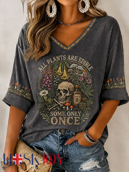 Women’s ’All Plants Are Edible Some Only Once’ Halloween Floral Print Casual T-Shirt - Dark Gray / S