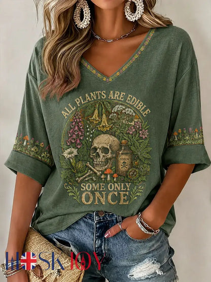 Women’s ’All Plants Are Edible Some Only Once’ Halloween Floral Print Casual T-Shirt - Green / S