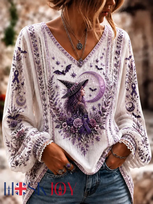 Women’s Alzheimer’s Awareness Cotton-Linen Shirt - White Purple / S