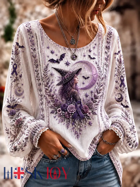 Women’s Alzheimer’s Awareness Cotton-Linen Shirt - White Purple / S