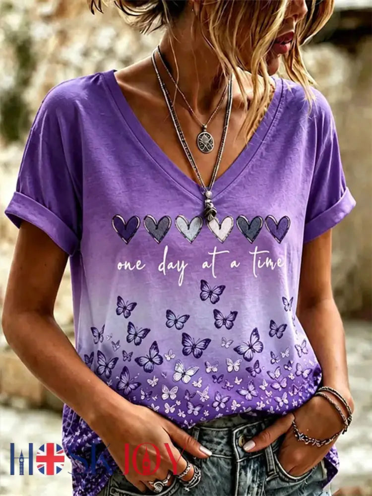 Women’s Alzheimer’s Awareness Support Print V-Neck Tee - Purple / S