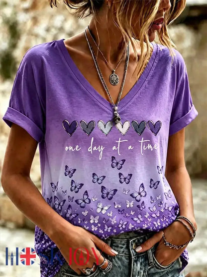 Women’s Alzheimer’s Awareness Support Print V-Neck Tee - Purple / S