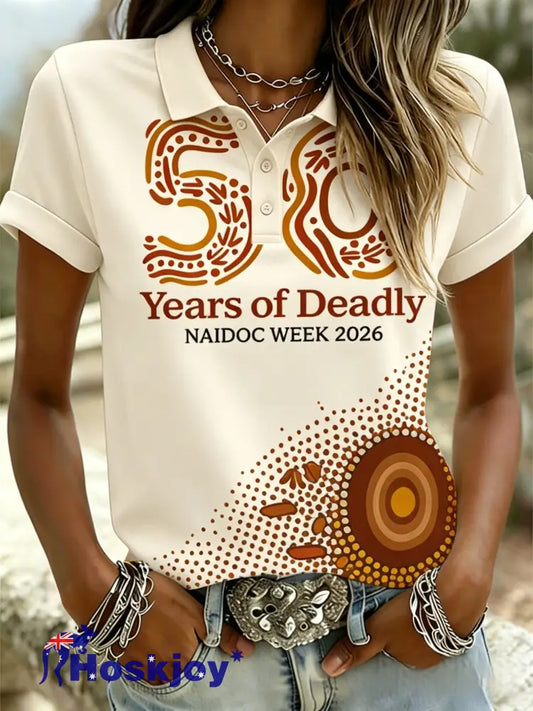 Women’s AU Aboriginal Art NAIDOC Week Printed Short-Sleeve Polo Shirt - Beige / S