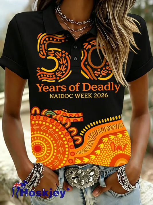 Women’s AU Aboriginal Art NAIDOC Week Printed Short-Sleeve Polo Shirt - Black / S