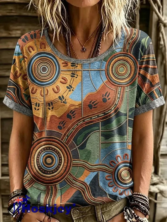 Women’s AU Aboriginal Art NAIDOC Week Printed Short-Sleeve T-Shirt - Orange / S